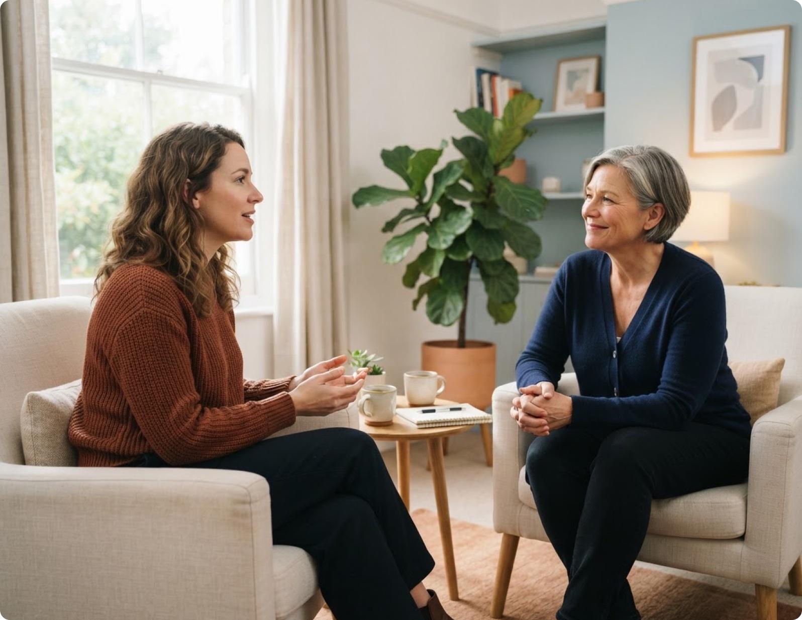 A client talking with a therapist in a calm, sunlit room