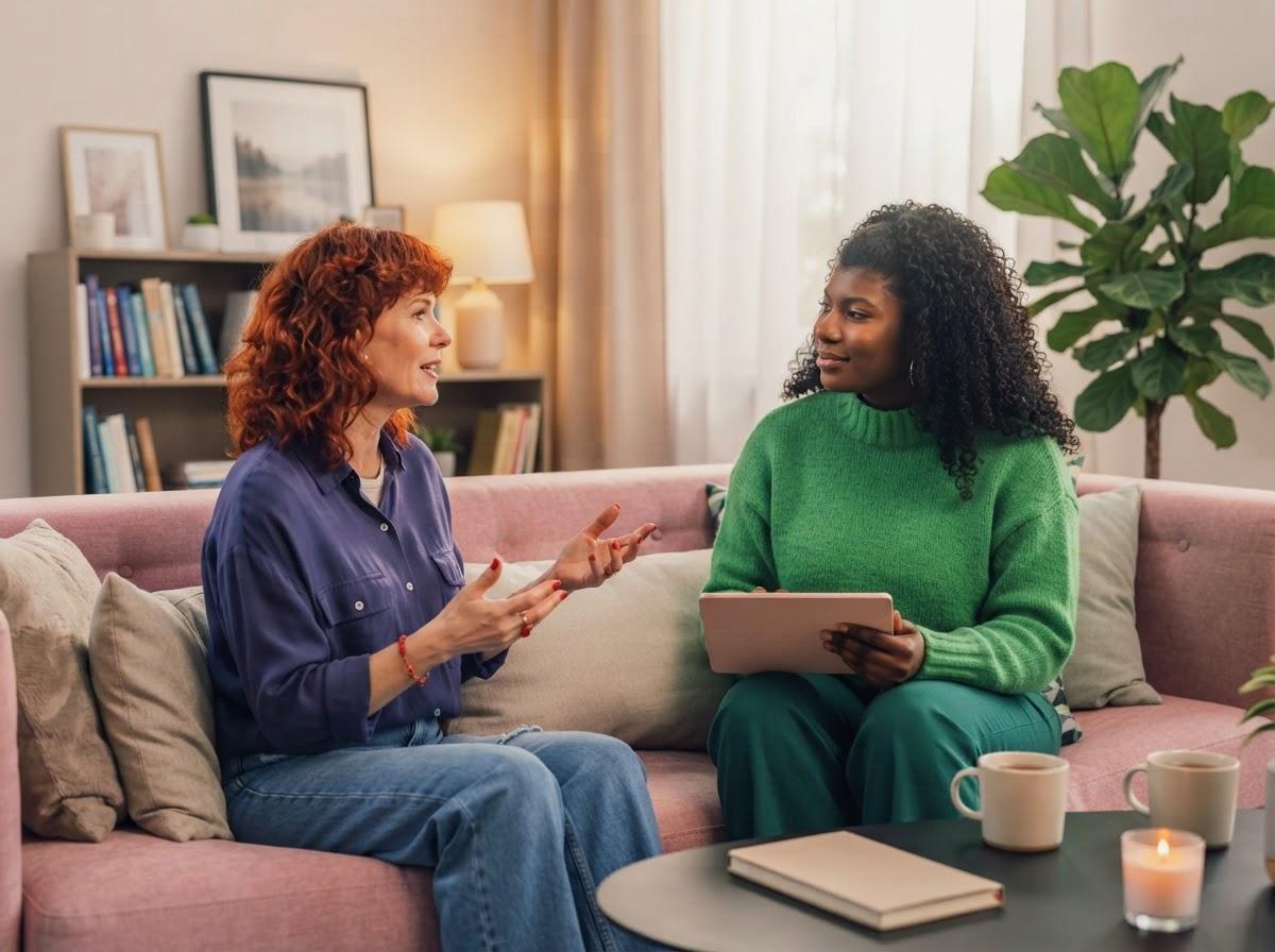 Two women talking openly on a sofa