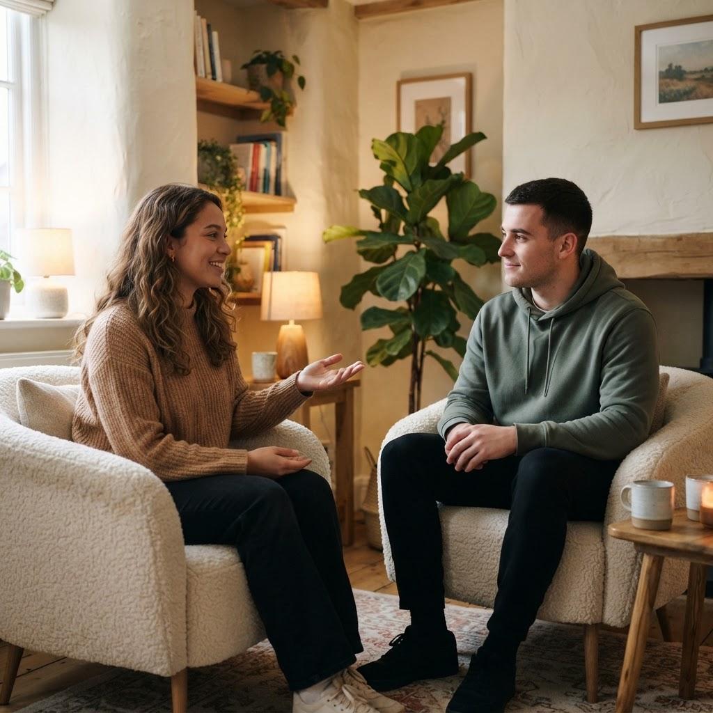 A client and therapist talking in comfortable armchairs